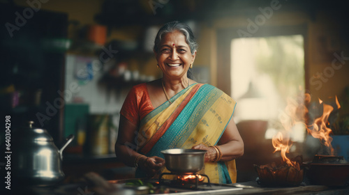 portrait smile Indian mature woman in the traditional dress cooking in kitchen © EmmaStock