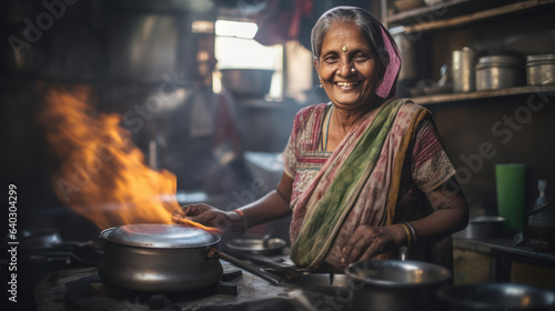 portrait smile Indian mature woman in the traditional dress cooking in kitchen