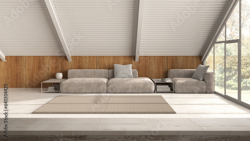 Photos Wooden vintage table top or shelf closeup, zen mood, over minimal mansard living
