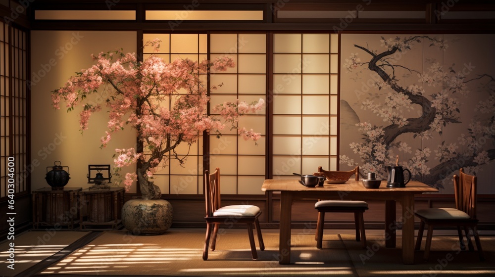 Tea Room , A traditional Japanese tea room with tatami mats, a low table, and intricate calligraphy on the walls