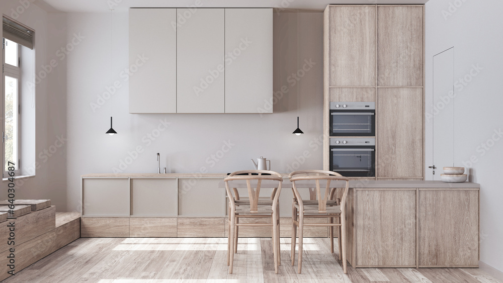 Scandinavian nordic bleached wooden kitchen in white and beige tones. Dining island with chairs, cabinets and appliances. Minimal interior design - obrazy, fototapety, plakaty 