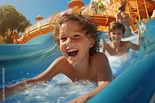 Fototapete A little boy slides down a water slide and has fun
