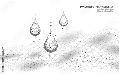 Low poly model waterproof fabric technology. White wire mesh futuristic digital water drop repellent textile properties vector illustration