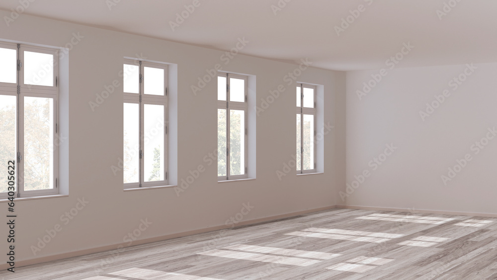 Fototapeta premium Empty room interior design, open space with bleached parquet floor, window and white walls, modern architecture concept idea
