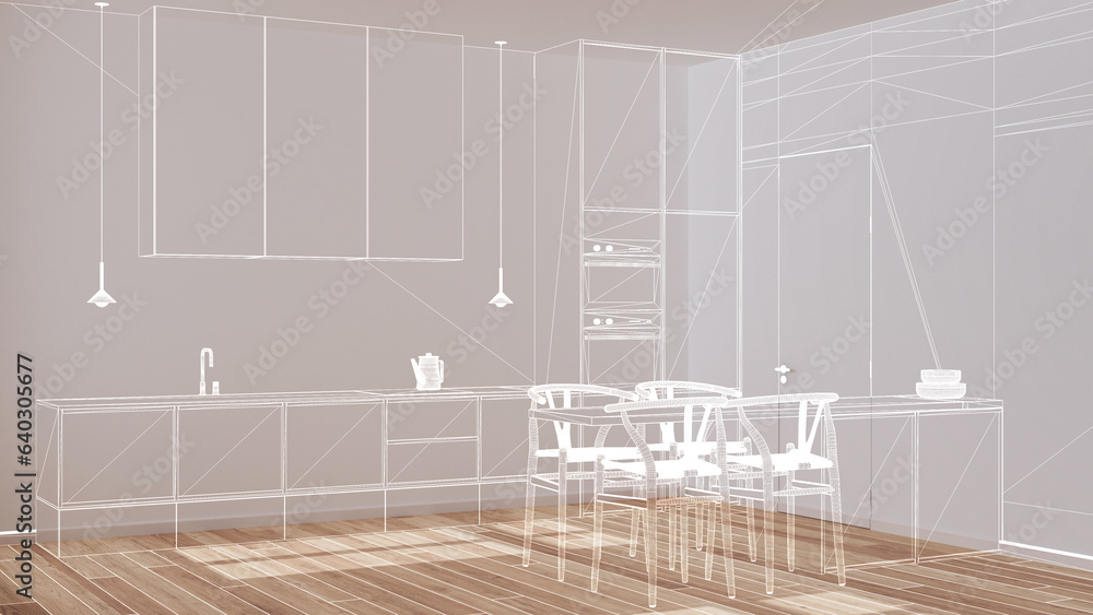 Empty white interior with parquet floor and window, custom architecture ...