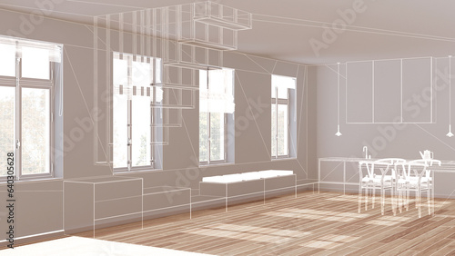 Empty white interior with parquet floor and window, custom architecture design project, white ink sketch, blueprint showing kitchen with island and sitting bench