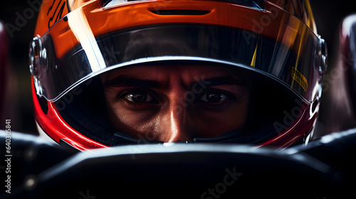 Formula one racer wearing helmet, focused and determined before the start of the race photo