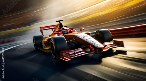 Formula one racing car at high speed on the race track. Motor sports team racing concept in motion blur background