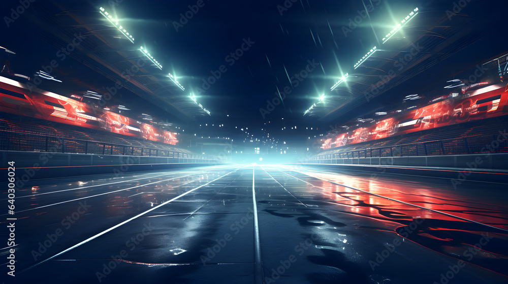 Obraz premium Formula one racing track at night in rain with floodlights on