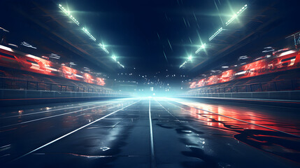 Tableau sur plexiglas Formule 1 Formula one racing track at night in rain with floodlights on  © Trendy Graphics