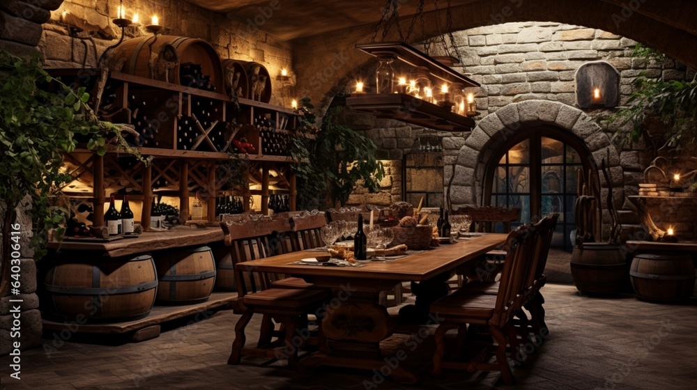 Wine Cellar , A dimly lit, stone-walled cellar filled with wooden wine racks and a tasting table set with fine glassware