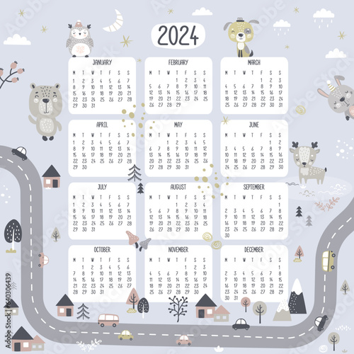 Fototapeta Naklejka Na Ścianę i Meble -  Calendar 2024 with cute animals in scandinavian style. Printable calendar grid template, monday first. Forest wildlife, road and doodle cars.