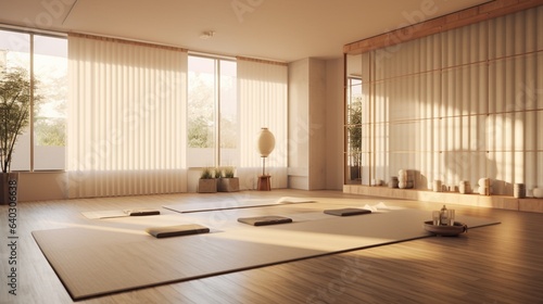 Yoga Studio , A calming space for physical and spiritual exercise, outfitted with minimalistic Japanese decor