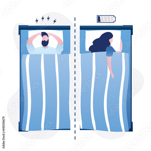 Unhappy couple lying in beds separate. Love in past, family conflict. Divorce and breakup. Sad people in bedroom. Negative emotions. Night, sleeping time.