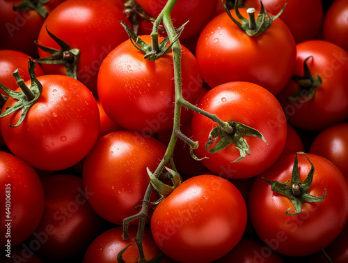 a pile of ripe, red tomatoes in a farmer's market, highlighting their freshness and texture, captured in soft natural light