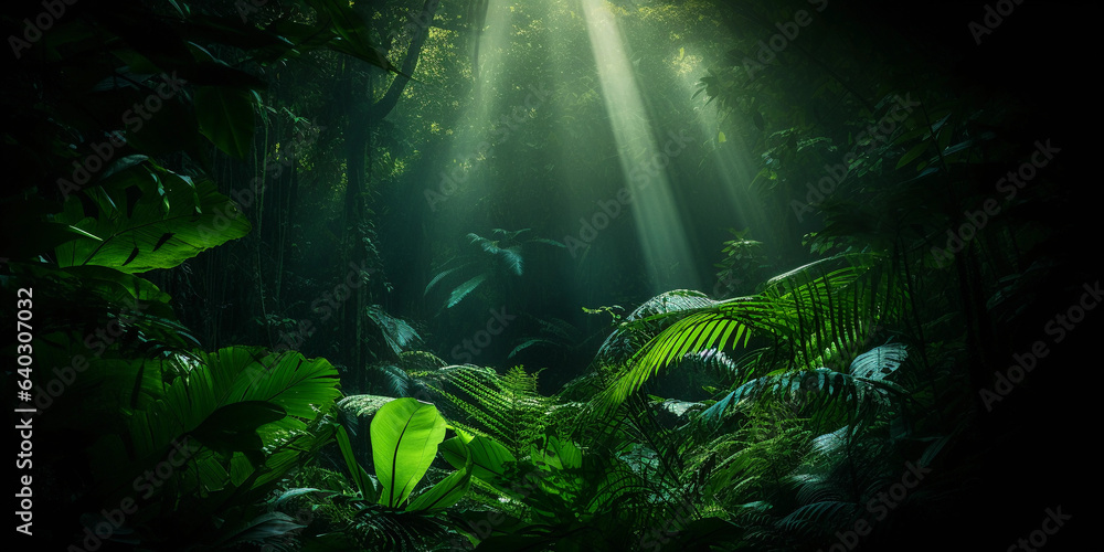 Fototapeta premium rainforest scene, deep emerald greens, play of light and shadows, dense textures and patterns