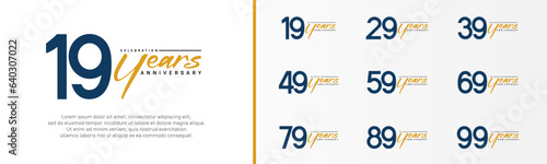 set of anniversary logo dark blue color number and orange text on white background for celebration