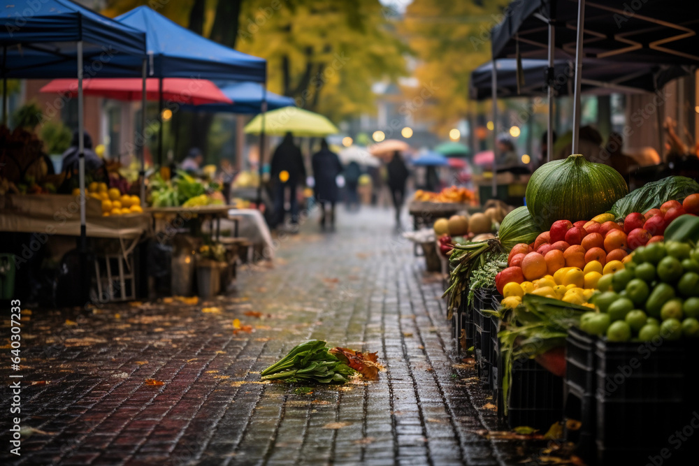 Farmer's market on a rainy day, capturing the atmosphere, the wet cobblestones, and the umbrellas, rich colors and dramatic lighting