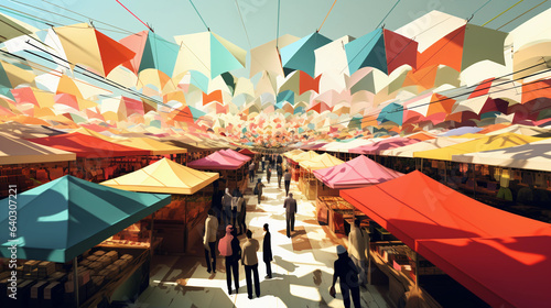 abstract depiction of a busy farmer's market, geometric shapes representing vendors, shoppers, and stalls, high contrast colors, low poly, modern art