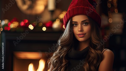 A cozy indoor ambiance, the model in a stylish winter ensemble and a Christmas hat, leaning on a wooden mantelpiece adorned with stockings
