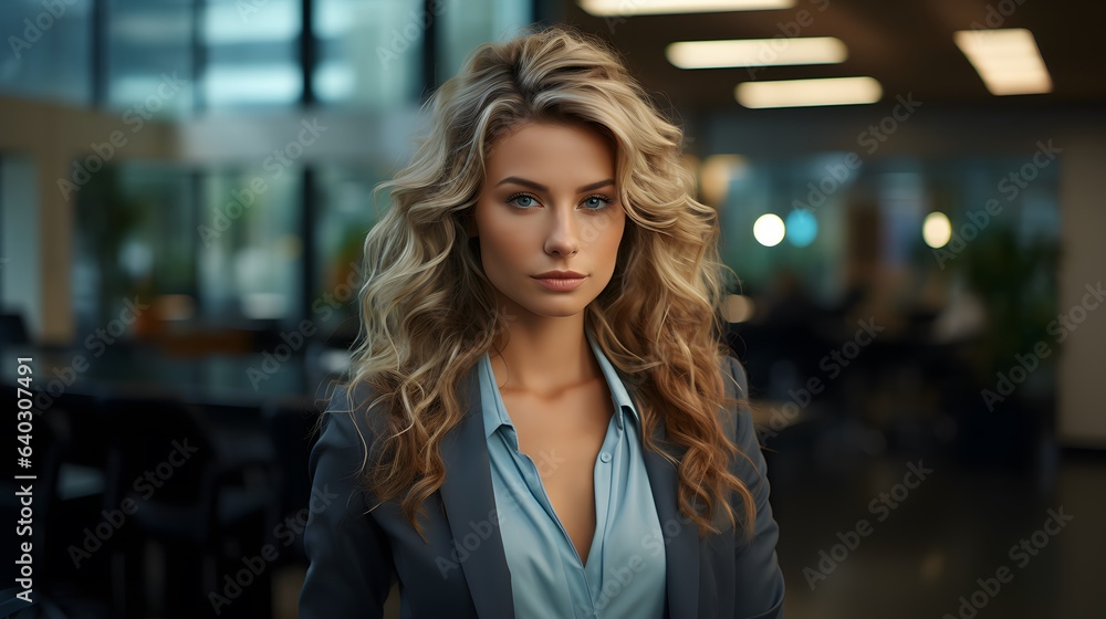 Portrait of a beautiful business woman with curly hair in the office Portrait of a beautiful business woman with curly hair in the office
