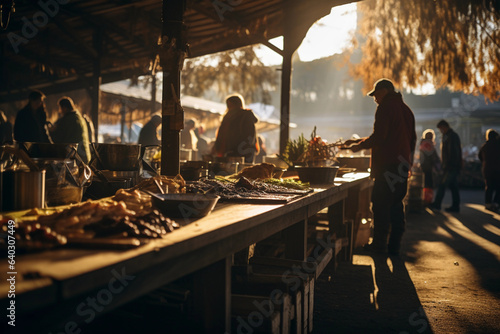 Late afternoon at a farmer's market, capturing the golden hour light casting long shadows over the stands. A rustic feel, vendors with handcrafted goods, warm tones