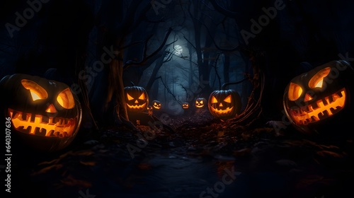 Halloween background with Evil Pumpkin. Spooky scary dark Night forrest. Holiday event halloween banner background concept