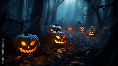 Halloween pumpkins in the forest at night.Halloween background with Evil Pumpkin. Spooky scary dark Night forrest. Holiday event halloween banner background concept