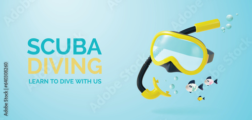 3d Scuba Diving Learn to Dive with Us Placard Poster Banner Card Template Cartoon Style. Vector illustration of Diving Mask and Snorkel