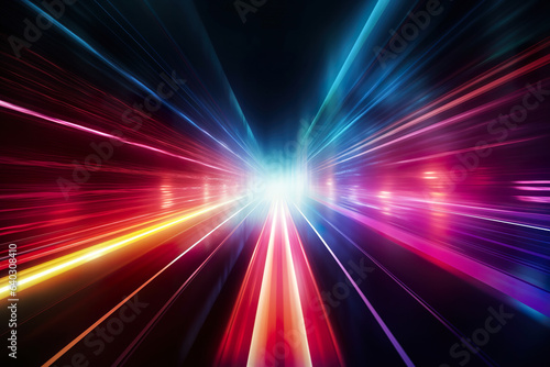 Abstract futuristic background high speed straight lines and bokeh glowing neon moving. Speed of light futuristic travel concept. Fantastic wallpaper