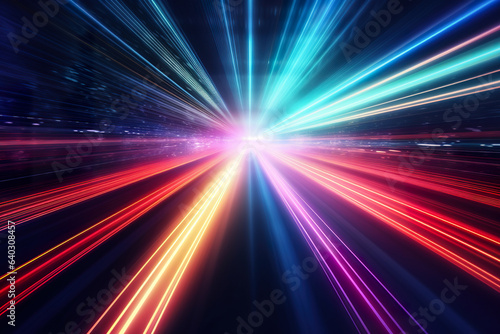 Abstract futuristic background high speed straight lines and bokeh glowing neon moving. Speed of light futuristic travel concept. Fantastic wallpaper