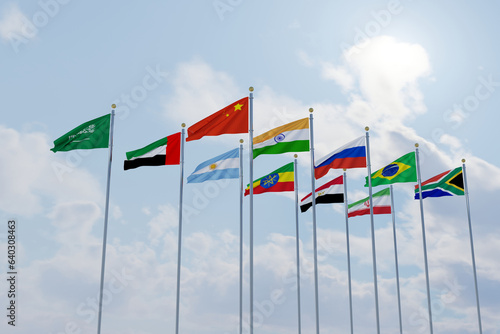 Photo flags brics membership concept of the brics summit or meeting countries flag brics