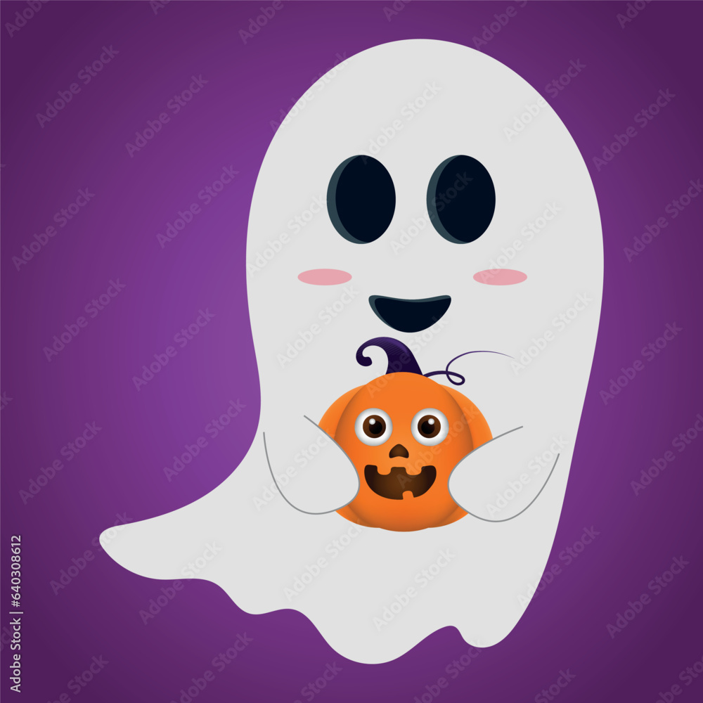 Ghost with a pumpkin on dark background, traditional Halloween design element. Ghost with a pumpkin on dark background, traditional Halloween design element.