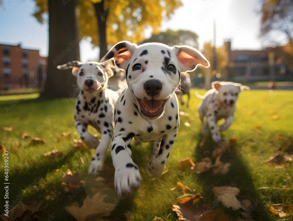 Cute funny dalmatian puppy group running and playing on green grass in park in autumn. Cute funny dalmatian puppy group running and playing on green grass in park in autumn.