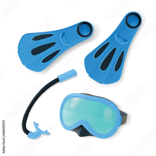 3d Blue Diving Mask, Snorkel and Fins Set Cartoon Style Scuba Dive Concept. Vector illustration of Diving Equipment