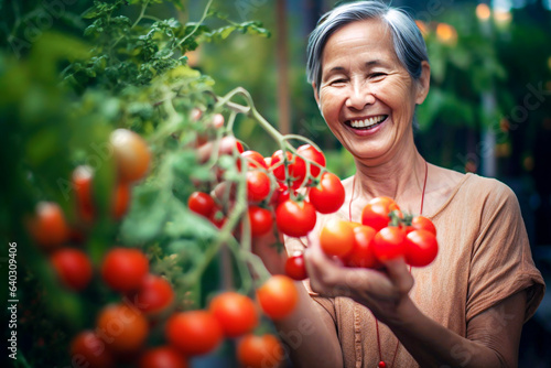 Defocused Happy asian senior woman harvesting tomatoes in her garden, healthy food concept. 
