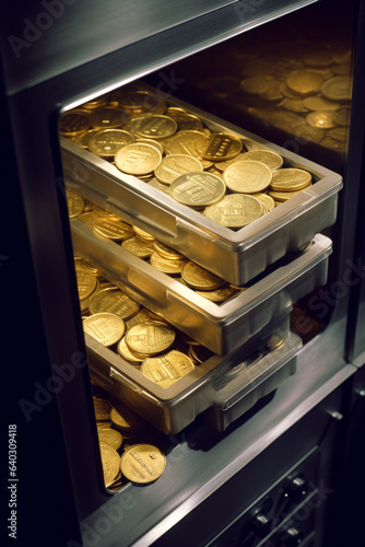 Safe lockers, Safe deposit boxes with 24K goild coins. Ancient coins in bank deposits. photo