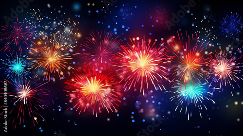 Abstract new year background with colorful fireworks and christmas lights. Festive illustration, generative AI