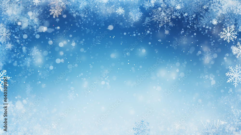 Christmas Winter Snow frame Blue Background, generative AI