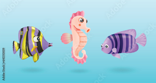 3d Pink Sea Horse and Fish Set Cartoon Style Tropical Underwater Aquatic Creature. Vector illustration of Mascot Rockfish