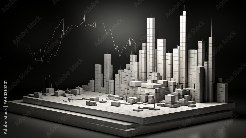 Cartoon Hand-Drawn 3D Bar Graph Emerging from Paper. Monochrome Design. Cartoon Hand-Drawn 3D Bar Graph Emerging from Paper. Monochrome Design.