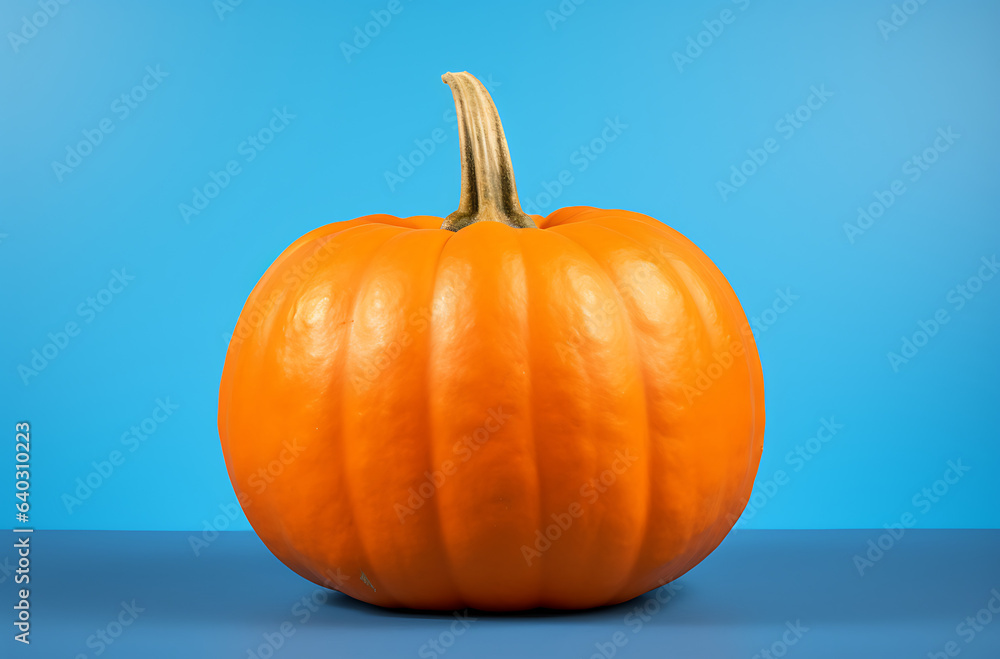 Orange Pumpkin fruit vegetable standing on a blue and light blue background Orange Pumpkin fruit vegetable standing on a blue and light blue background