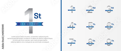 set of anniversary logo silver color number and blue ribbon on white background for celebration