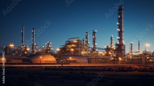 Oil refinery with clear skies and evening sun. Rafinery pipelines and chimneys against clear sky.