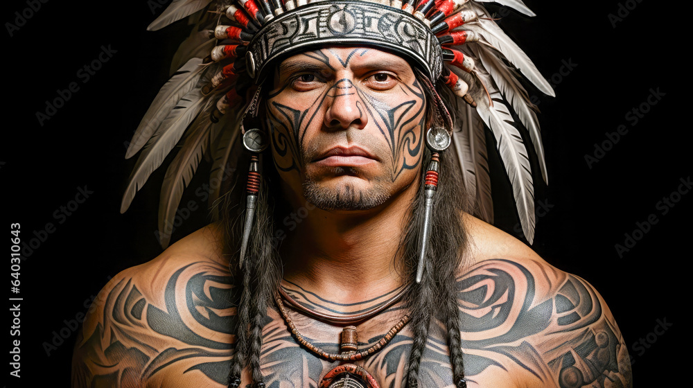 Close-up portrait of Native American man in feather headdress, representing chief and tradition