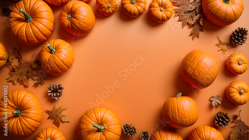 maple leaves and gourds or pumpkins on orange background