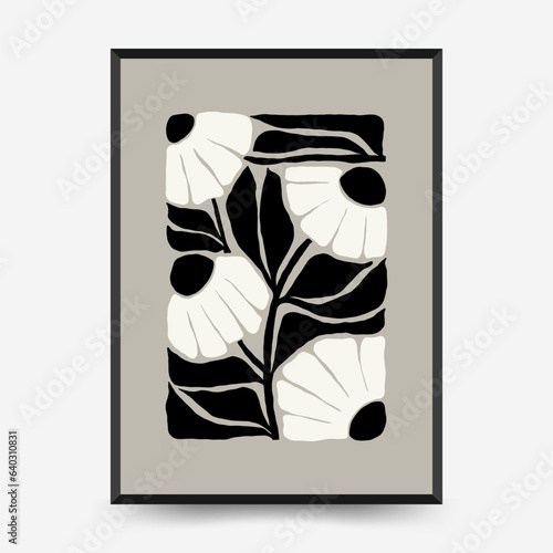 Abstract dark floral posters template. Modern trendy Matisse minimal style. Black and white colors. Hand drawn design for wallpaper, wall decor, print, postcard, cover, template, banner.