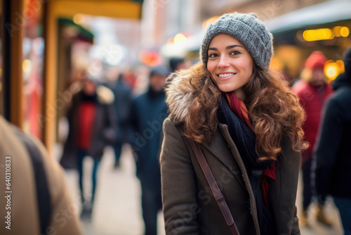 Fashionable woman in a coat and cap smiling peacefully in a street marketplace during winter © Sachin