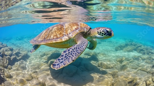Vivid Underwater Photography: Tortoise in a Crystal Clear Ocean 