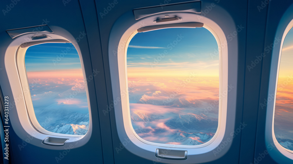 Naklejka premium Airplane window with clouds and sunlight. International luxury travel concept